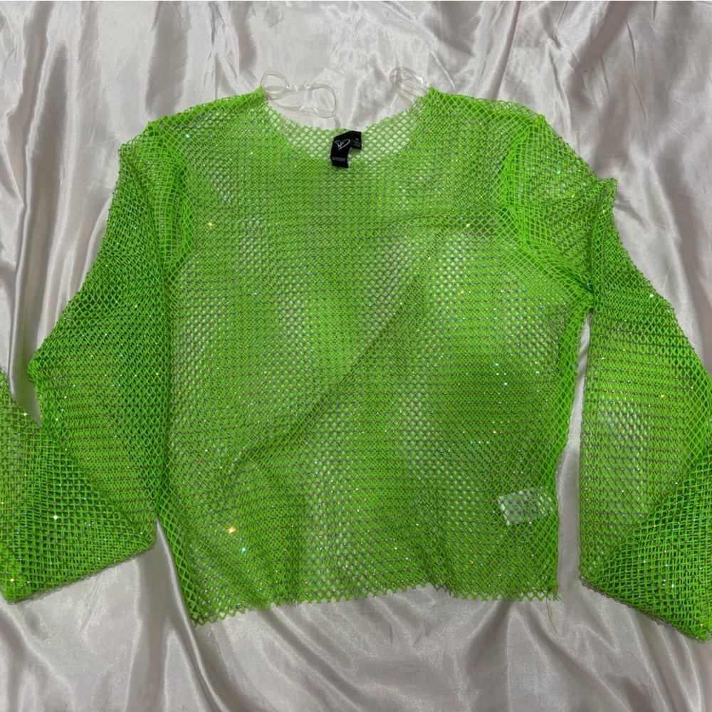 Neon Green Mesh Sequin Long Sleeve Top